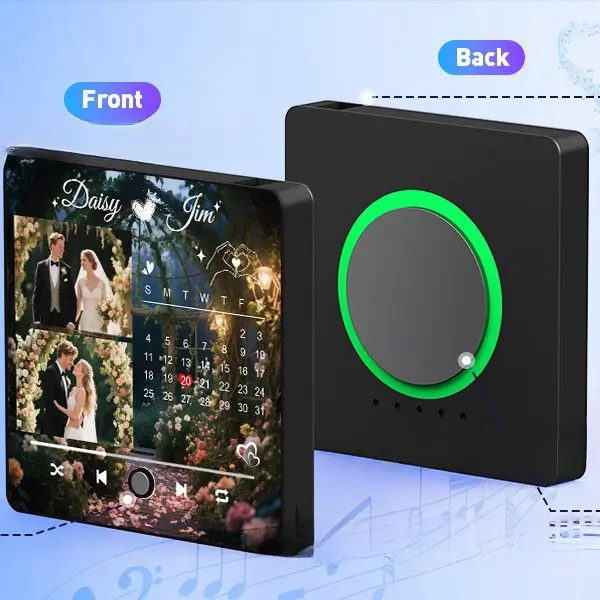 Personalized Music Player Fridge Magnet with Custom Photo & Name Calendar, LED Light Magnetic Refrigerator Sticker, Creative Wedding Anniversary Couple Keepsake Gift
