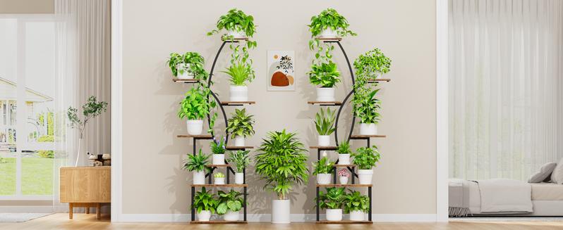 2 Pcs Plant Stand Indoor with Grow Lights - 8 Tiered Tall Plant Shelf, 65" Metal Shelves for Plants Multiple, Large Curved Half-Moon Flower Holder Stand Display Rack