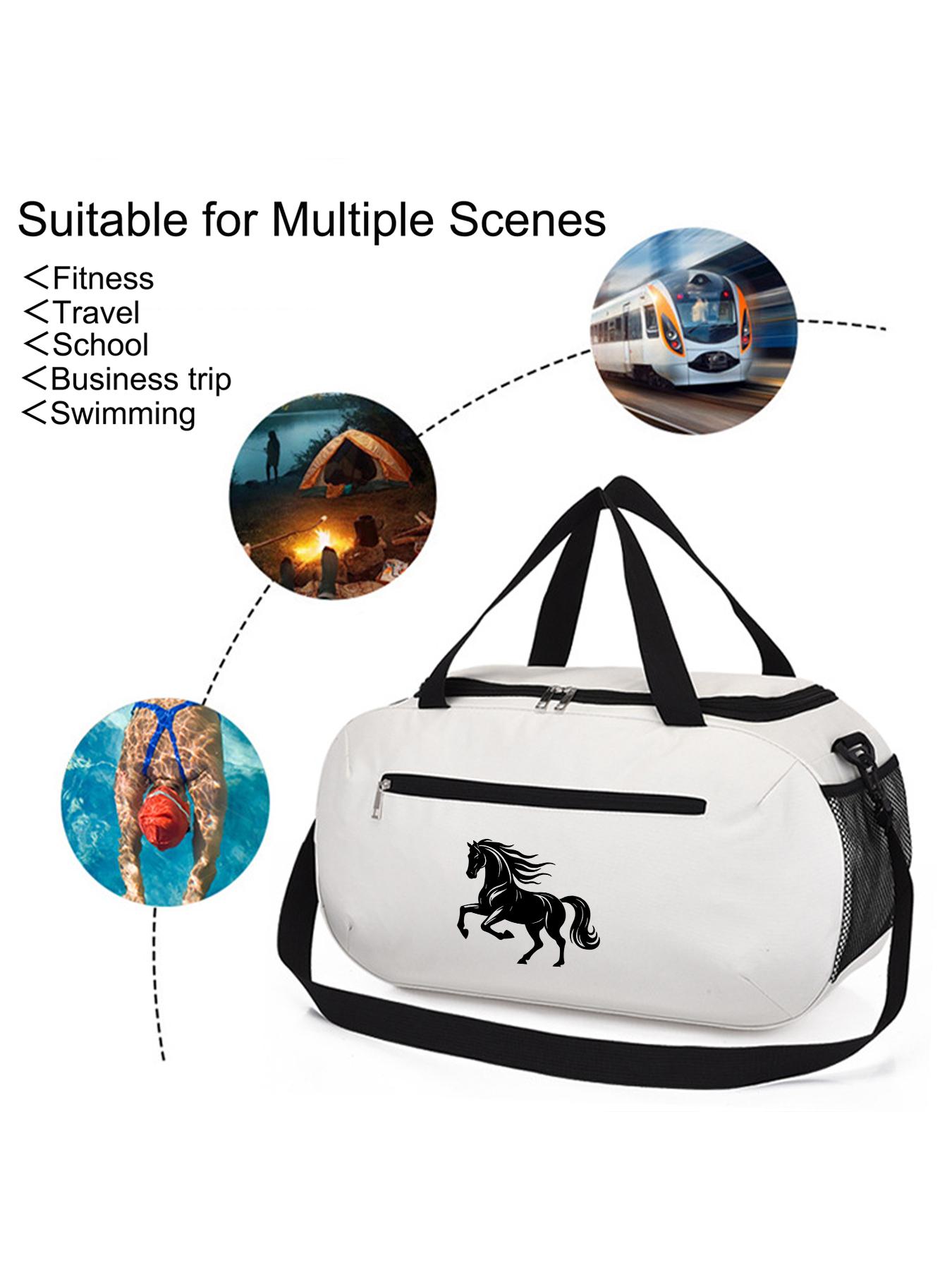 Steed Print Large Capacity Sports Gym Bag, Dry-wet Separation Storage Luggage Bag, Hand & Crossbody Travel Bag with Side Mesh Pocket. Unisex bag for training and short business trips, perfect gift for men.