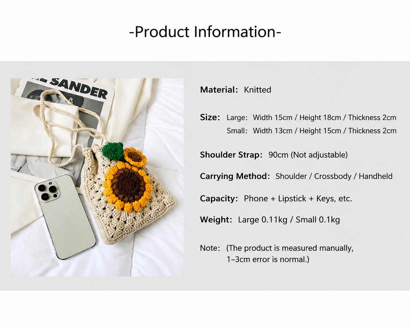 Handmade Crochet Sunflower Bag, Cute Boho Drawstring Crossbody Purse for Women, Cottagecore Woven Phone Pouch Your New Favorite Summer Accessory!  Handmade Crochet Sunflower Purse | Boho Cottagecore Aesthetic | TikTok Viral
