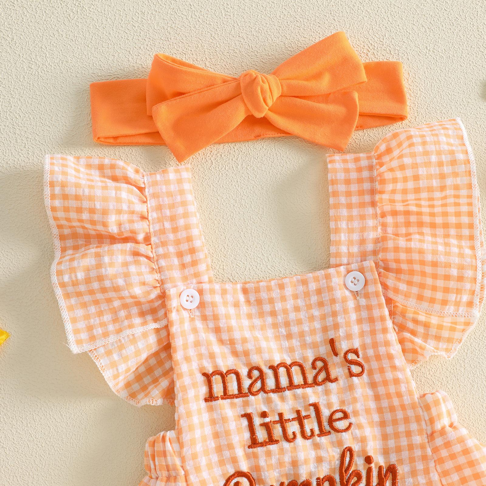 [Lullaby] Baby Girl Halloween Romper Set, Cotton Blend Plaid Print Jumpsuit with Embroidery (Pumpkin/Ghost), Flying Sleeves, Square Neck, Bow Headband - Prop 65 Safe Baby Girl Clothing