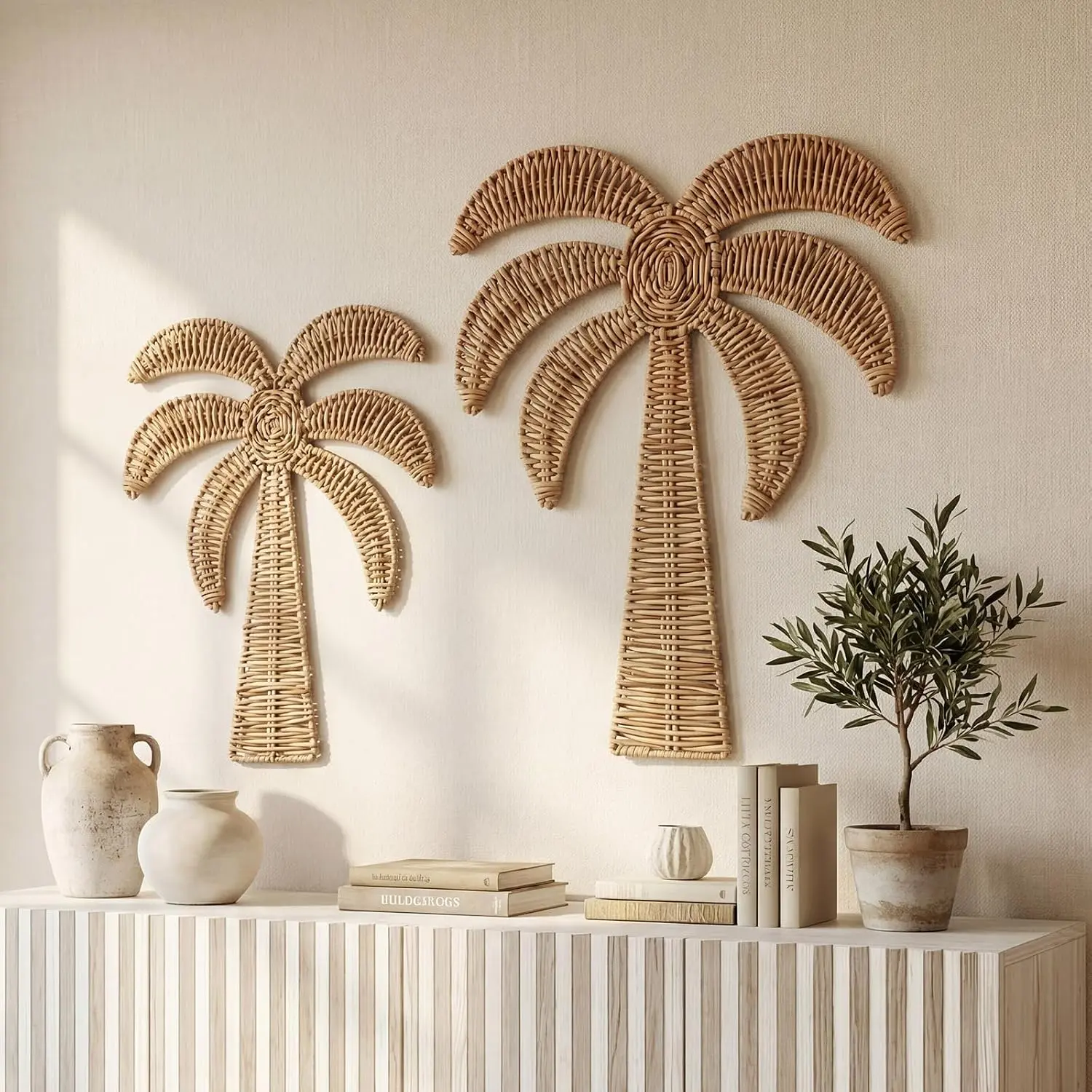 Cinnvoice 2-Piece Rattan Palm Tree Wall Decor Set Pack - 15.5in & 14in Woven Print, Coastal Beach Theme Hanging Art for Boho Living Room Bedroom
