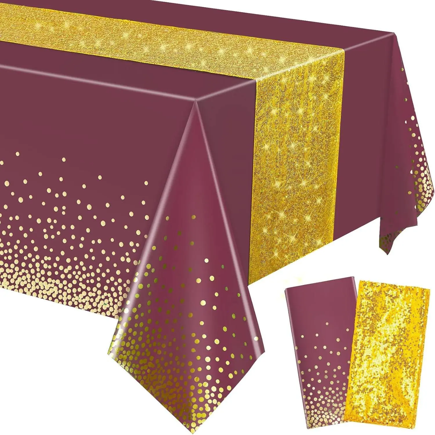 2-Piece Maroon and Gold Sequin Tablecloth & Runner Set, Polka Dot Confetti Plastic Glitter Table Cover for Birthday, Wedding Party Supplies, Two Piece Set