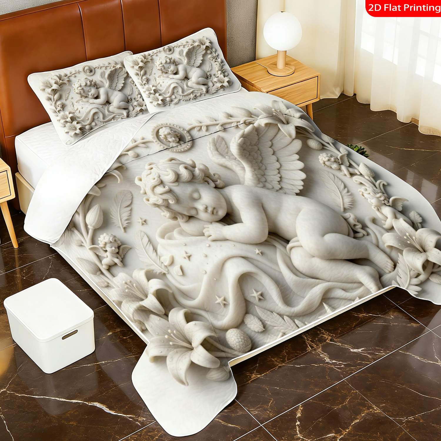 3 pcs, 2D flat print Angelic Relief Art bed cover set, Cherub & Floral Theme, multiple sizes available, bedding set, festive decorative bedding, ideal for bedroom decor(1 bedspread , 2 pillowcases)
