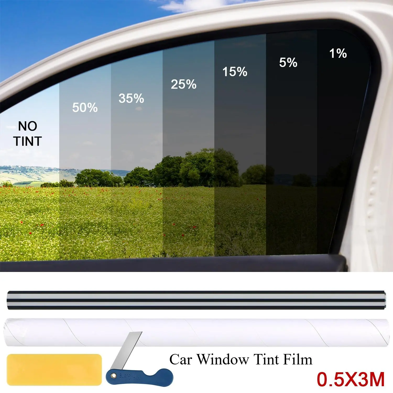 Car Window Tint Film 1% 5% 15% 25% 35% 50% VLT,0.5x3M Roll,UV Reduction Heat Insulation Window Sticker,DIY Manual Installation,Non‑Scratch‑Proof PET Film