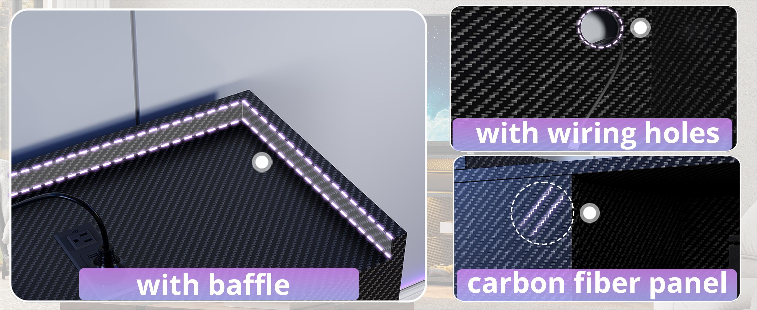 IRONCK Entertainment Center with Storage, Tall TV Stand W/Power Outlet, LED Gaming TV Cabinet for PS5, Black TV Stand with Carbon Fiber