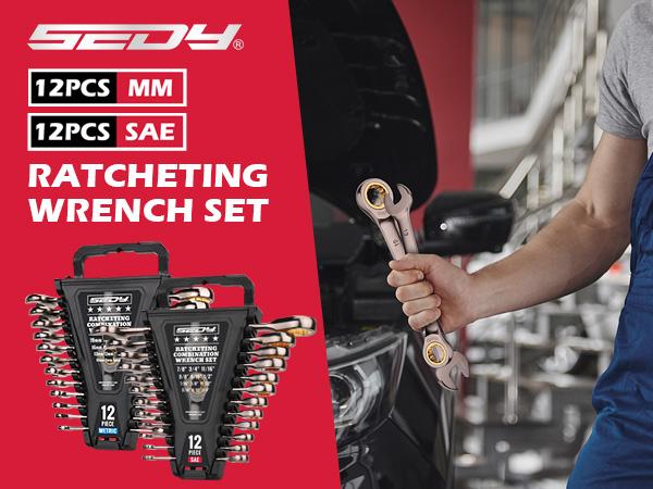 24-Piece Ratcheting Wrench Set SAE 1/4 to 7/8 inch & Metric 8-19mm, Ratchet Combination Wrench Set with Organizer, 72-Tooth Ratchet Spanners, Chrome Vanadium Steel for Mechanics