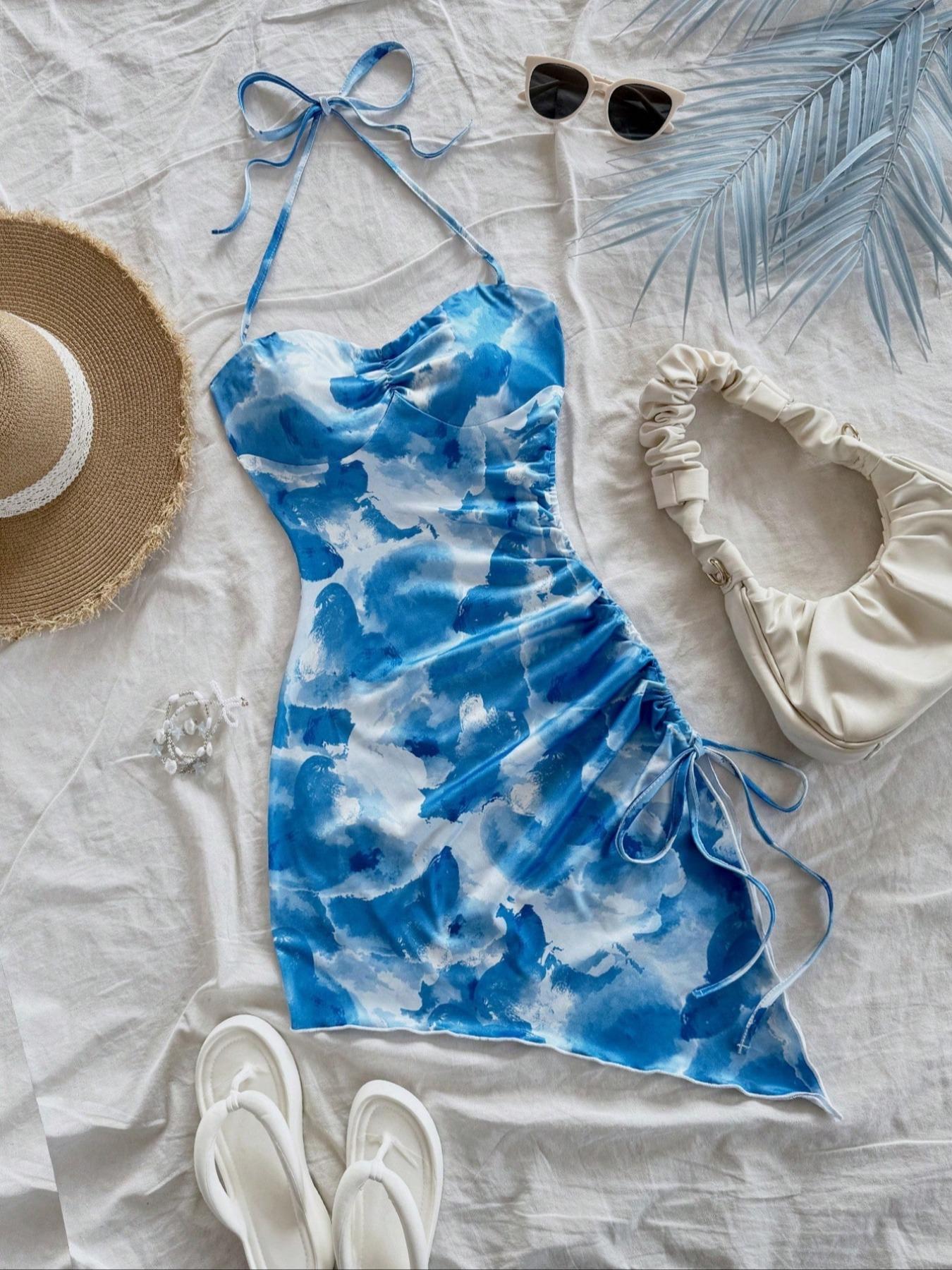 Women's All Over Print Ruched Drawstring One-piece Swimsuit, Casual Fashion Backless Tie Front Halter Swimwear for Beach Holiday Vacation, Ladies Swimsuit for All Seasons