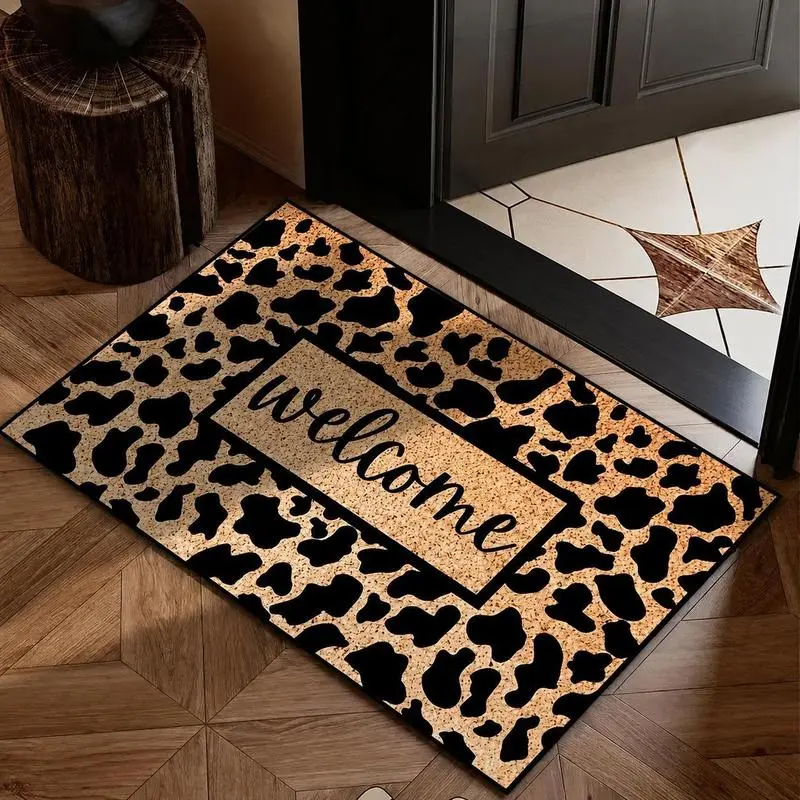Leopard Print Cow Print Welcome Doormat,Vintage Animal Pattern Decorative Entryway Rug,Stylish Faux‑Cork Look Front Door Mat,Non‑Slip Indoor Entrance Floor Mat For Porch Hallway Home Farmhouse Decor,Halloween Decorations