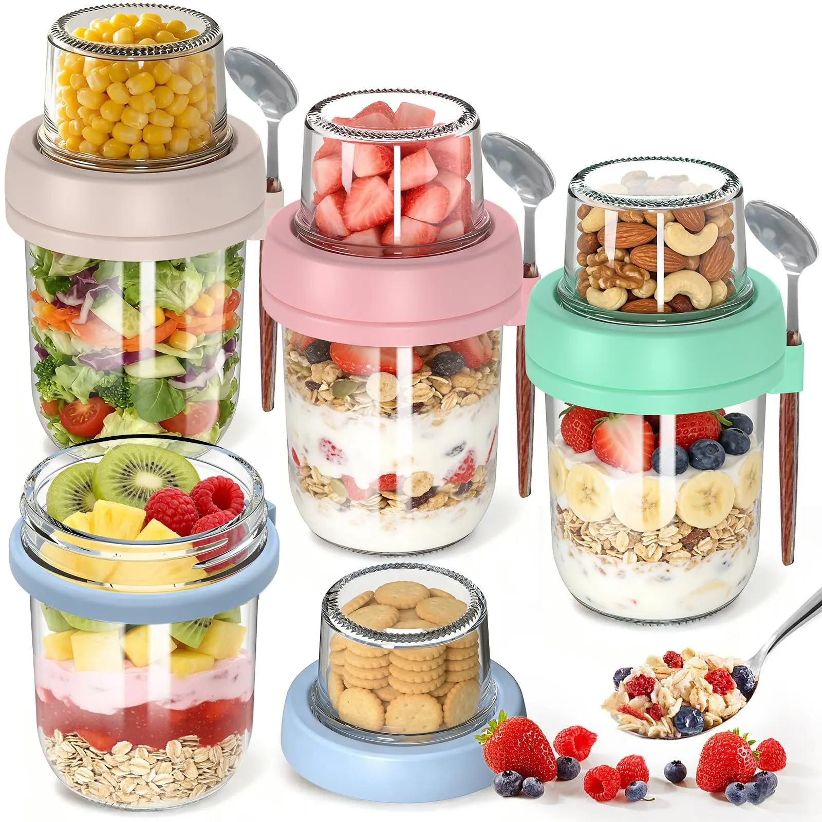 4 Pack 20 oz Overnight Oats Containers with Lids and Spoons, Glass | 16+4 oz Dual-Layer Glass Jars Dry and Wet Separation, Leak Proof, Good Grade, Reusable, Portable,For Oatmeal Salad Yogurt