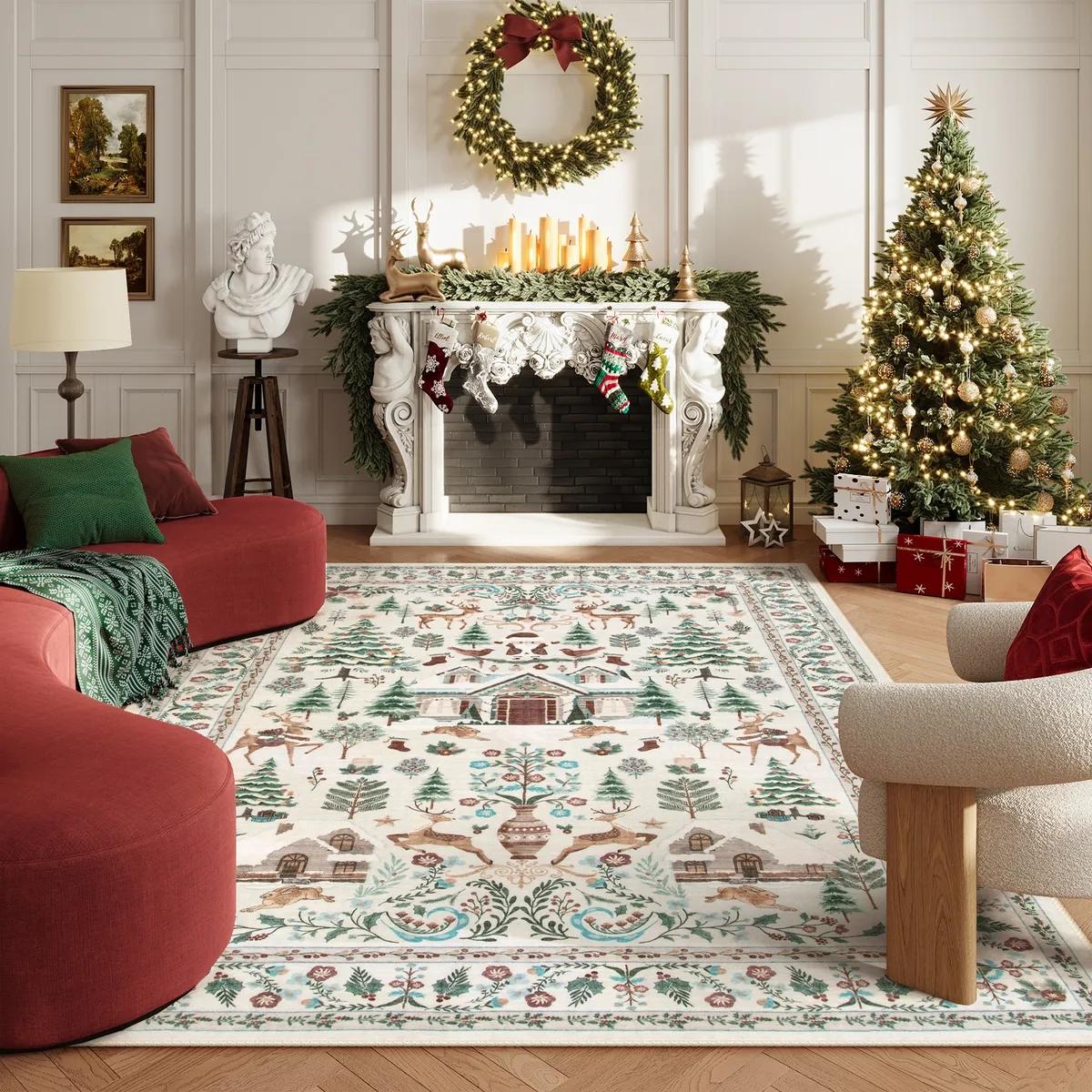 Vintage Christmas Living Room Carpet, Non-Slip Soft Rug, Home Decorative Rug, Festive Home Decor Gift, Ideal for Dining Room Office Bedroom