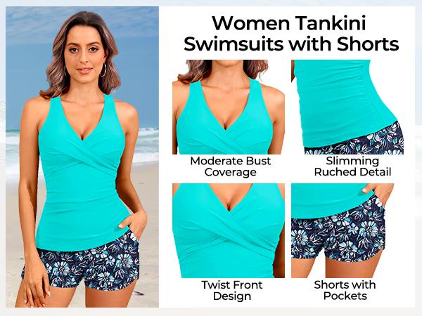 Tempt Me Women Black Tankini Swimsuits with Shorts - Two Piece Tummy Control Bathing Suits Top with Two Pockets Bottom Swimwear