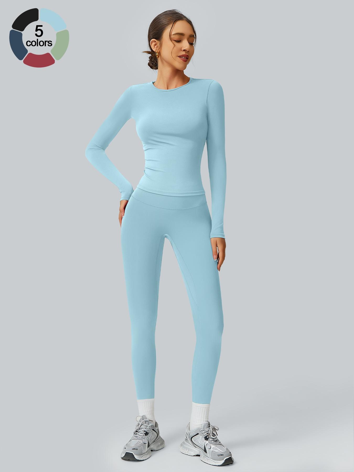 Women's Solid Long Sleeve Tee & High Waist Leggings Tracksuit Set, Sporty Round Neck Top & Skinny Pants Outfits for Gym Workout Running, Ladies Fall & Winter Sportswear, Yoga Tracksuit Set