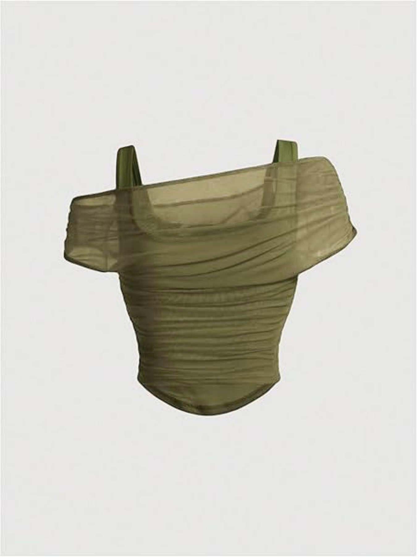 Women's Asymmetric Neckline Ruched Crop Top - Trendy Mesh Blouse for Club, Date Night & Vacation Women's Asymmetric Neckline Ruched Crop Top - Trendy Mesh Blouse for Club, Date Night & Vacation