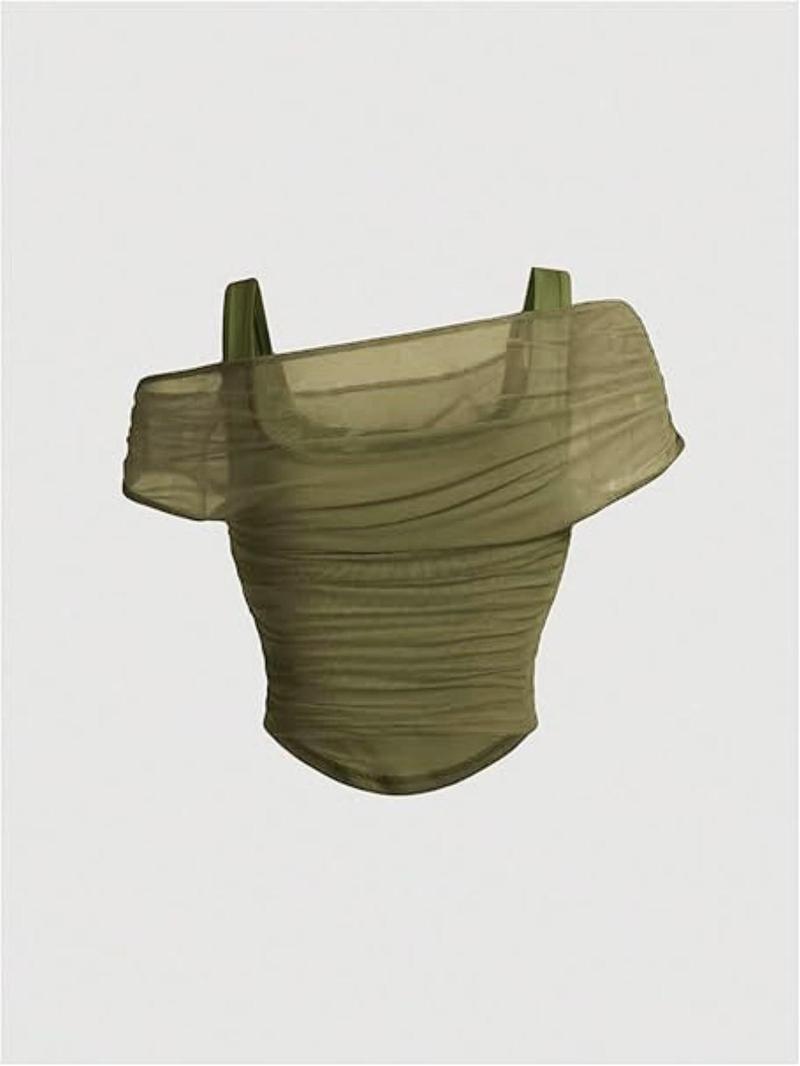 Valentine's Day Women's Asymmetric Neckline Ruched Crop Top - Trendy Mesh Blouse for Club, Date Night & Vacation