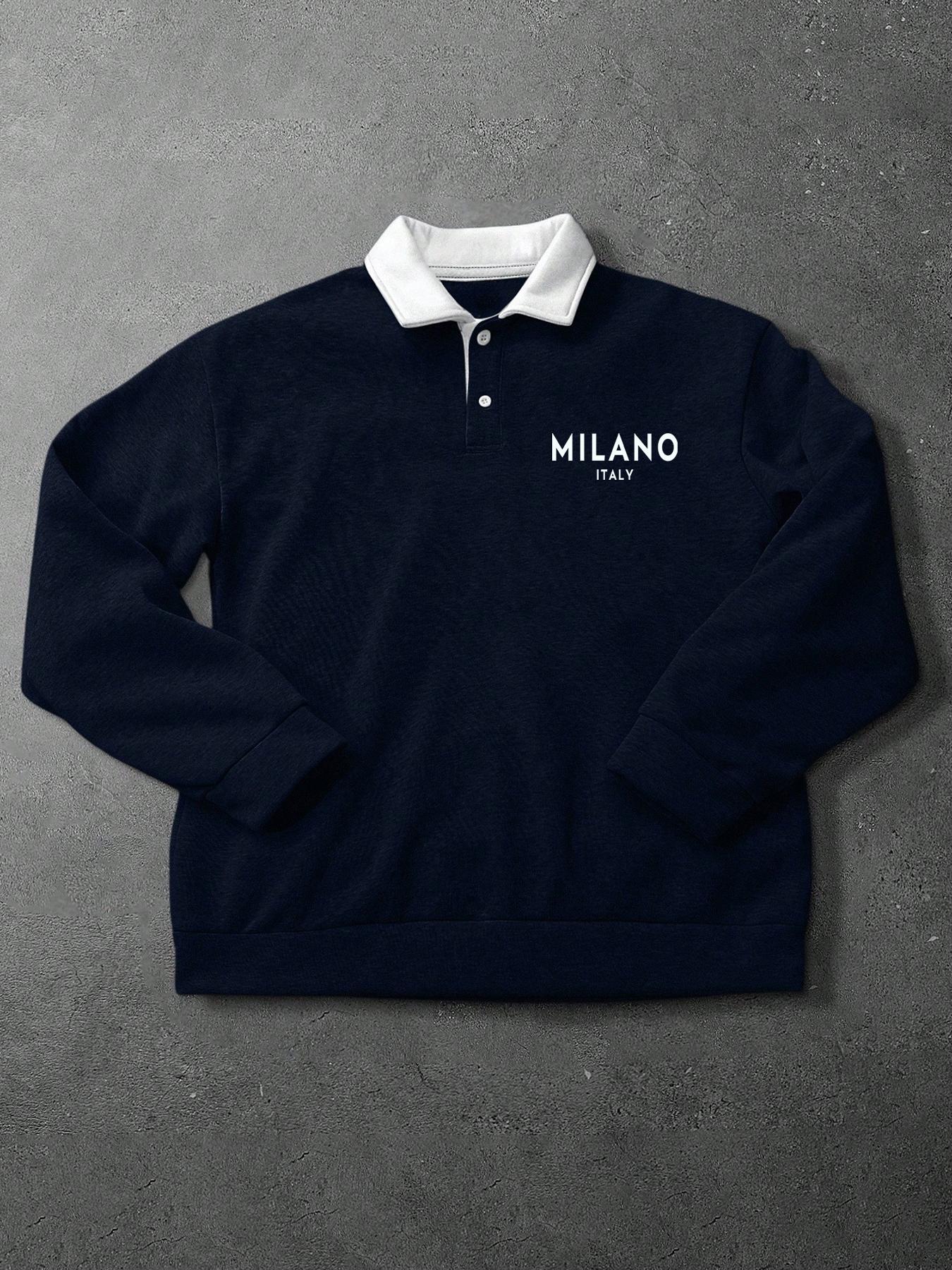 Men's Loose Fit Polo Collar Sweatshirt, Milano Print Long Sleeve Vacation Pullover, Perfect Gift for Friends Husband Boyfriend
