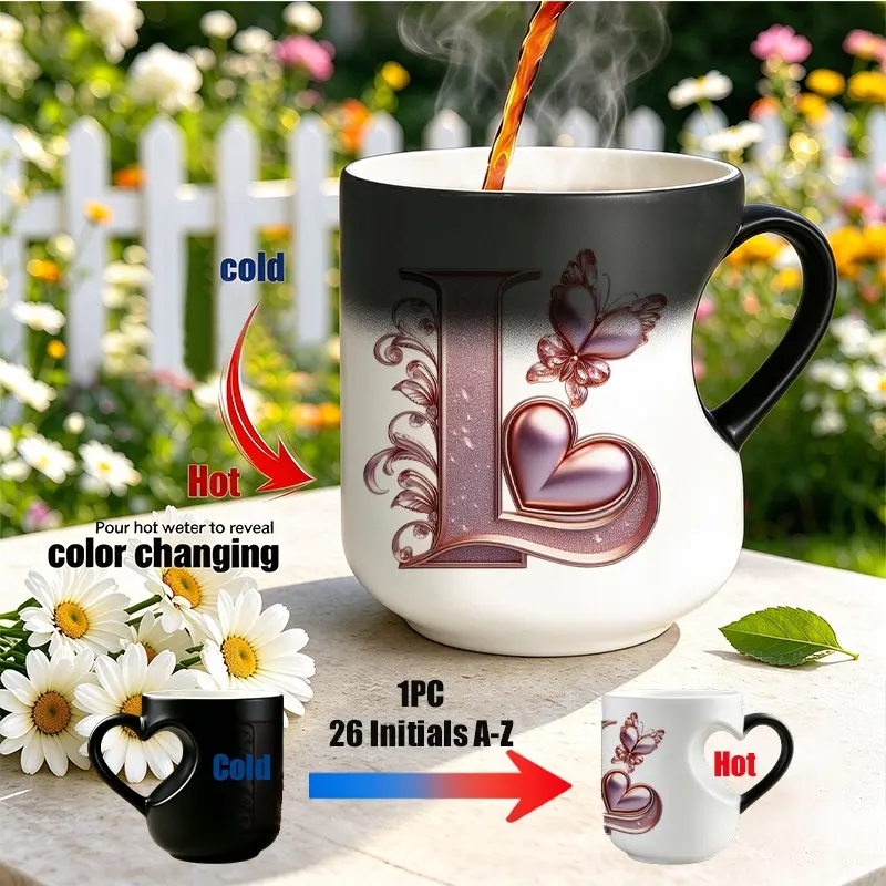 Magic Heat‑Reveal Color Changing Mug, Heart‑Shaped Hollow Handle Ceramic Coffee Cup, Butterfly & Hearts Initial Letter A-Z Design, Heat Sensitive Discoloration Tea Cup, Sweet Gift for Women Girl Friend Birthday Holiday