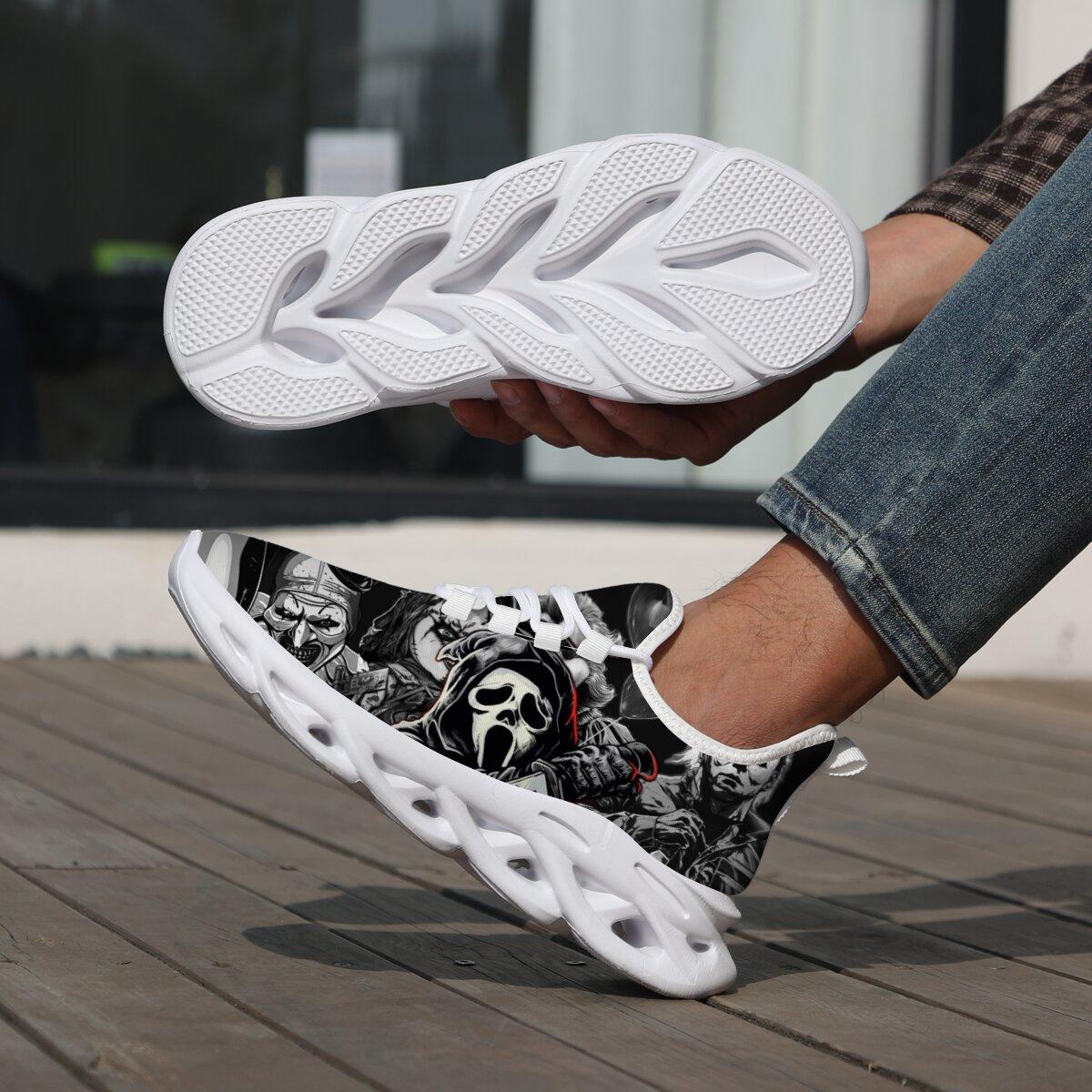 Halloween Dark Horror Mask Character Art Blade Sneakers Man Woman Hollow Wave Cushion Sole Mesh Running Shoes Monochrome Thriller Figure Collage Print Gothic Halloween Punk Casual Athletic Trainers For Men Women