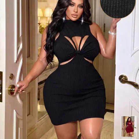 Plus Size Mock Neck Halter Twist Cutout Ribbed Stretchy Bodycon Mini Dress, Sleeveless Stretch Curvy Hugging Outfit, Perfect for Club Party, Date Night Dinner, Birthday Gathering, Influencer Street Shots, Photoshoots