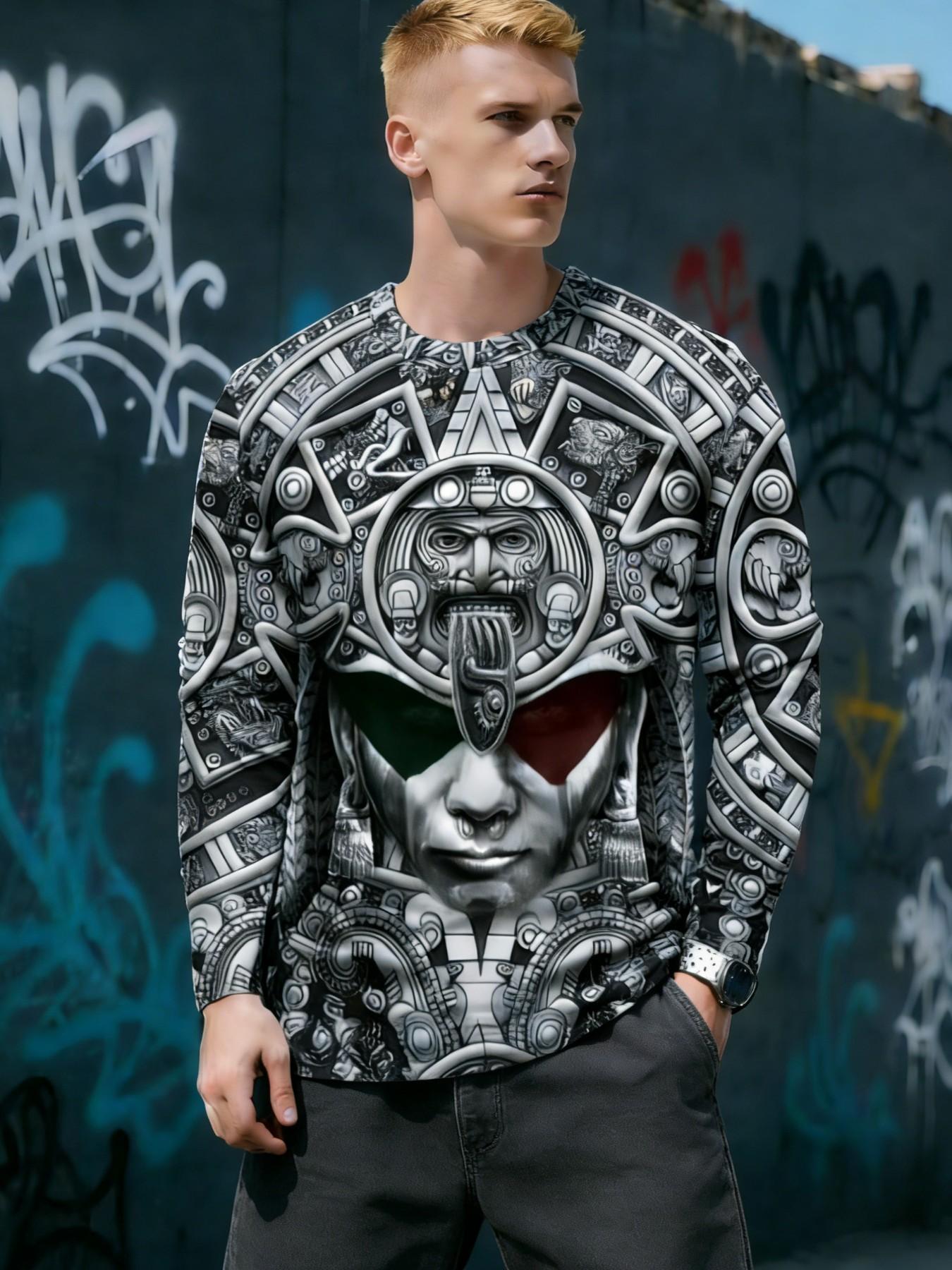 Men's Fashion 3D Maya Culture Print Long Sleeve T-Shirt, Casual Streetwear Top, Comfortable Polyester Blend Fabric, Round Neck Design, Casual Fall & Winter Wear