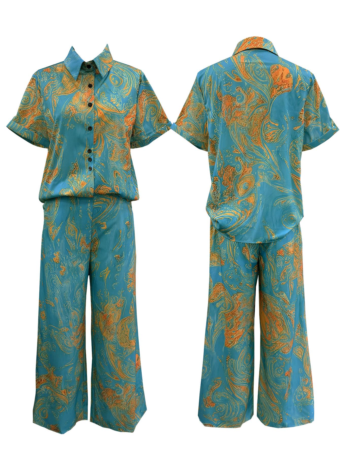 Faith's Exclusive Casual Vacation Chic Geometric Blouse with Pocket Straight Pants, No Belt Included, Perfect for Leisure Wear Clothes
