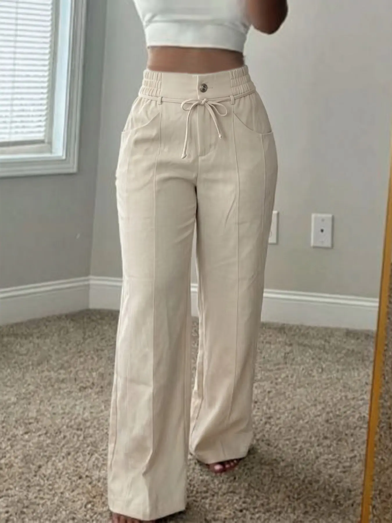 Women's Elastic Waist Wide Leg Pants, Solid Color Straight Leg, Ankle Length, Casual Loose-Fitting, Mid Waist, Long/regular Pants, Elastic Waist Bottoms