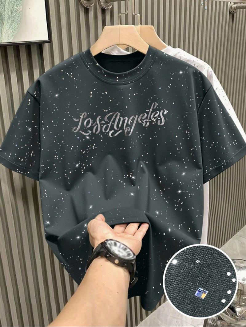 New Men's Short Sleeve T-Shirt, Fashion Starry Sky Reflective Craft, Letter Print Design, Sparkling Like Stars, Must-Have Casual