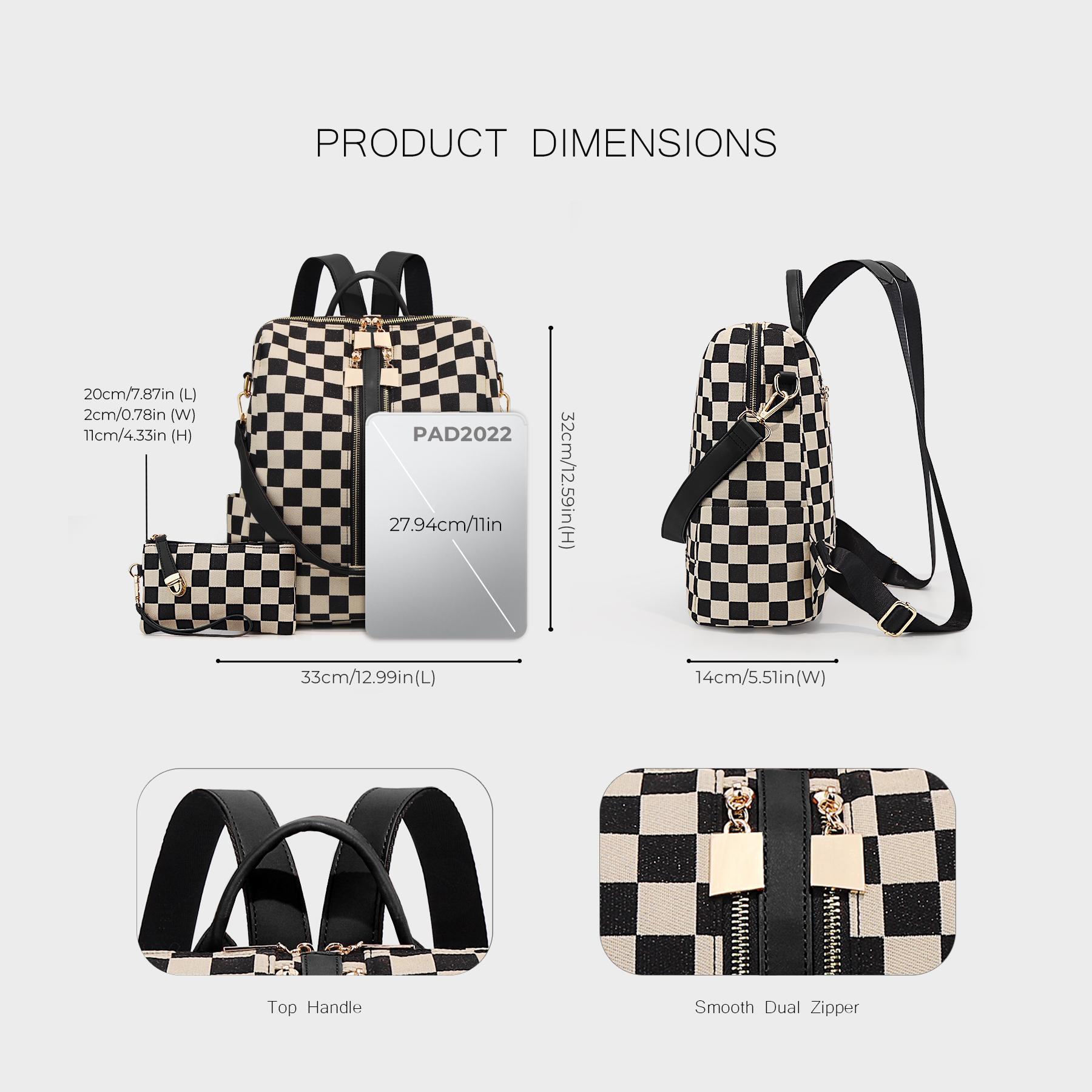 Checkerboard Pattern Backpack Set, Women'S Vintage Trendy Casual Large Capacity Zipper Travel Backpack & Wristlet, Multifunctional Bag Set For Daily Use