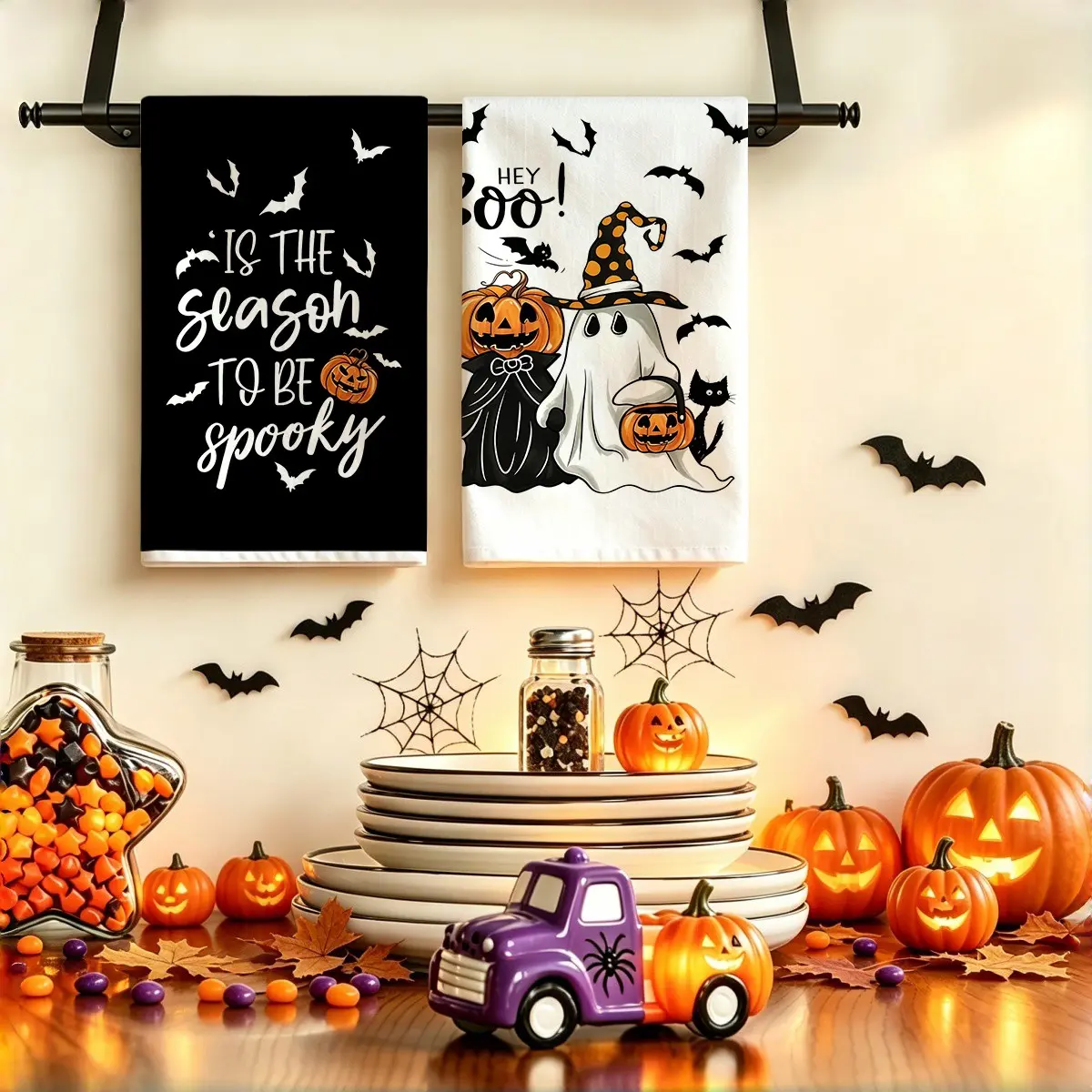 2pcs Halloween-themed kitchen decorative towels, vintage ghost, pumpkin, bat, and letter print towel set, home decor kitchen tea towels, soft quick-dry kitchen towels 15.75x23.62 inch Halloween decoration hand towels