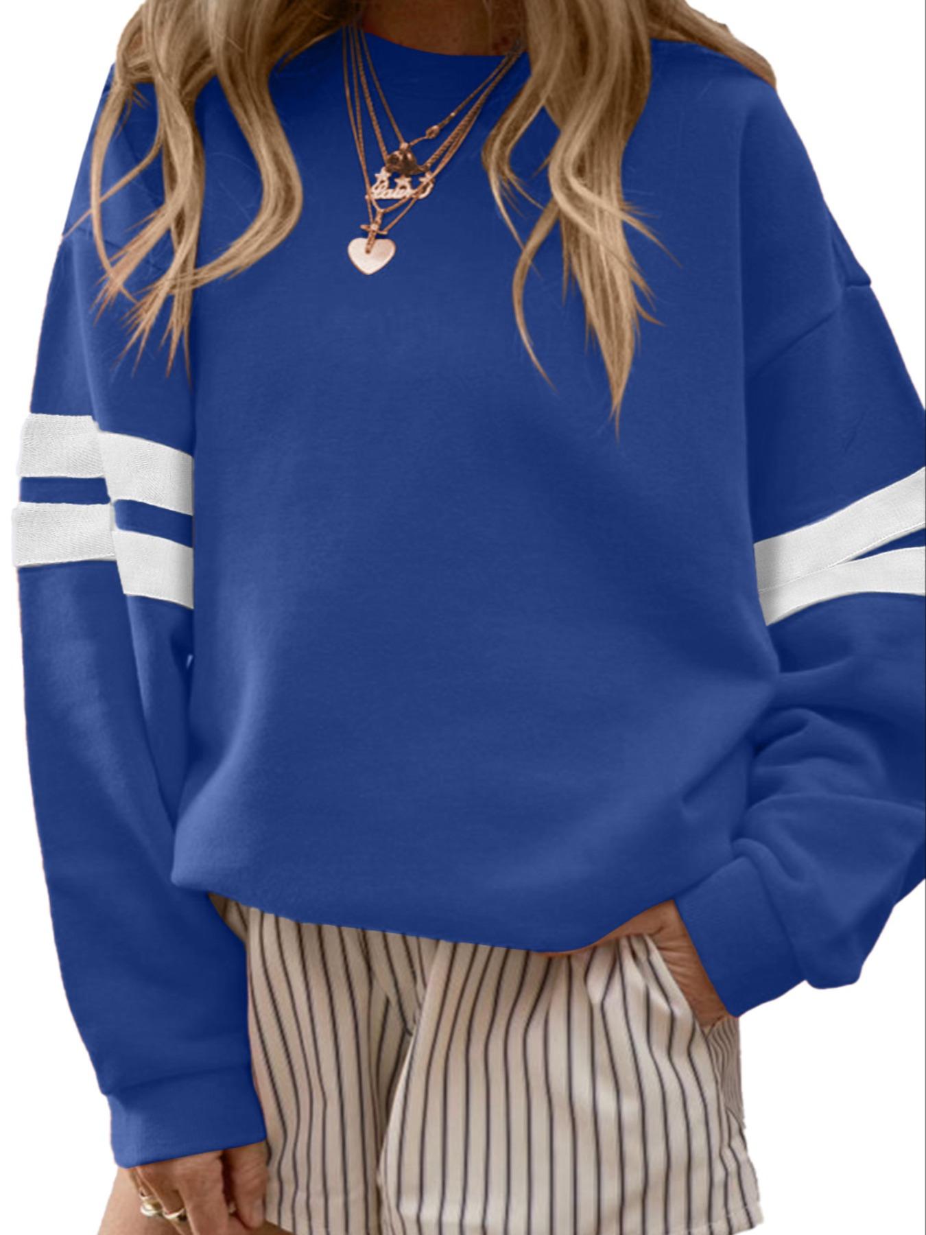 Women's Casual Sporty Loose-Fit Sweatshirt Crewneck for Fall and Winter, Long Sleeve Striped Design, Comfortable Oversized Drop-Shoulder Top, Lady Womenswear