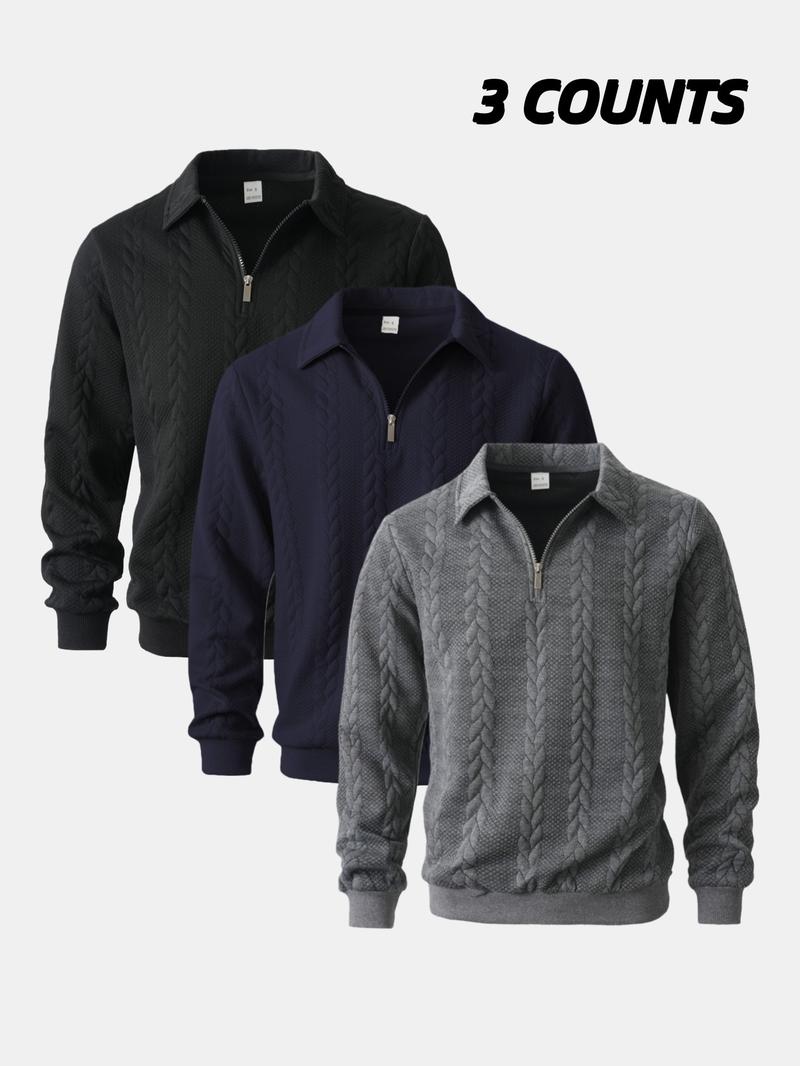 3-Pack Men's Half-Zip Pullover Sweaters, Cable Knit Collared Tops, Stylish Comfortable Casual Sweatshirts for Men's Spring/Fall Daily Wear & Fashion Styles