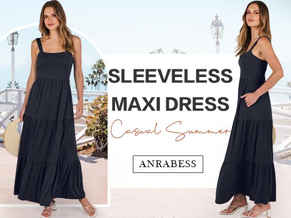 ANRABESS Women's Summer Casual Long Maxi Beach Vacation Dresses Sleeveless Square Neck Flowy Tiered Sun Dress with Pockets ANRABESS Women's Summer Casual Long Maxi Beach Vacation Dresses Sleeveless Square Neck Flowy Tiered Sun Dress with Pockets