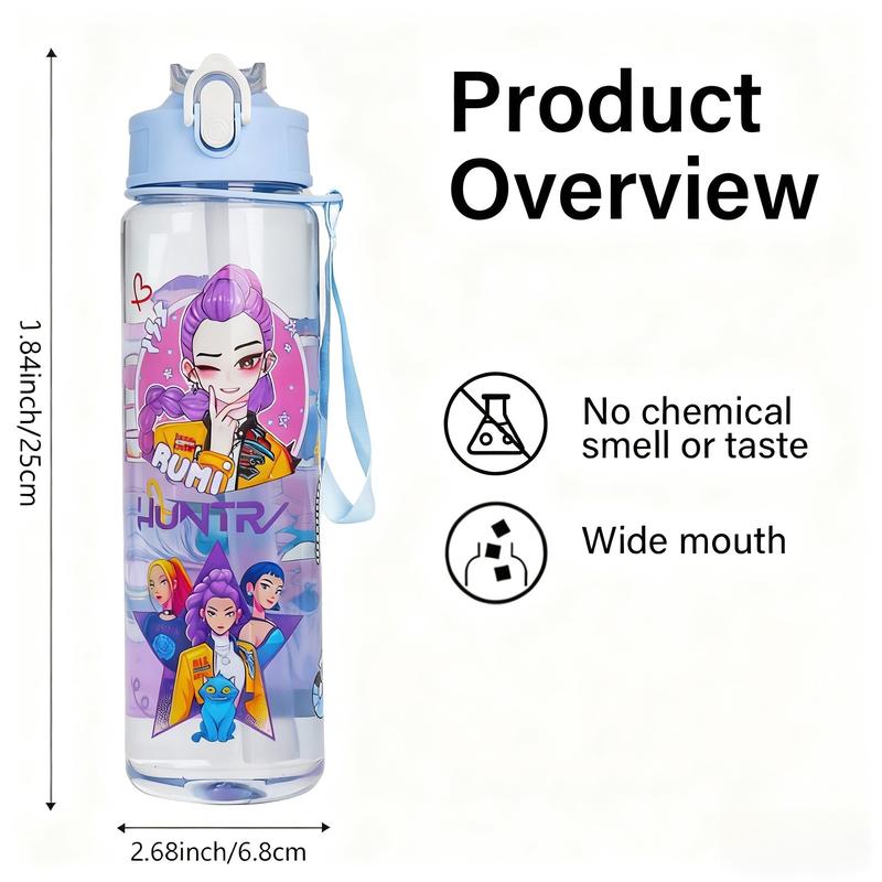 K-Pop Ghost Hunter Theme Totem Water Bottle with Lid and Straw, Reusable Hard Plastic, 700ML Eco-Friendly, Perfect for School, Travel, Halloween Party