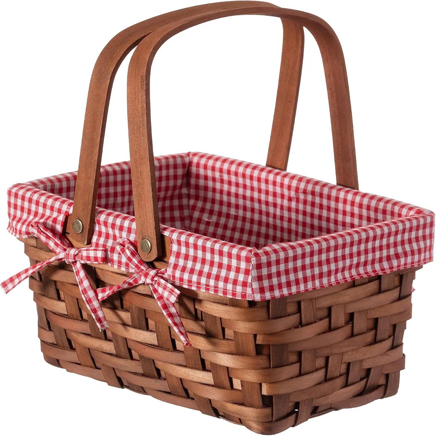 Small Rectangular Woodchip Picnic Baskets with Double Folding Handles, Natural Hand-Woven Basket Lined with Gingham Red and White Lining Great for Gifts