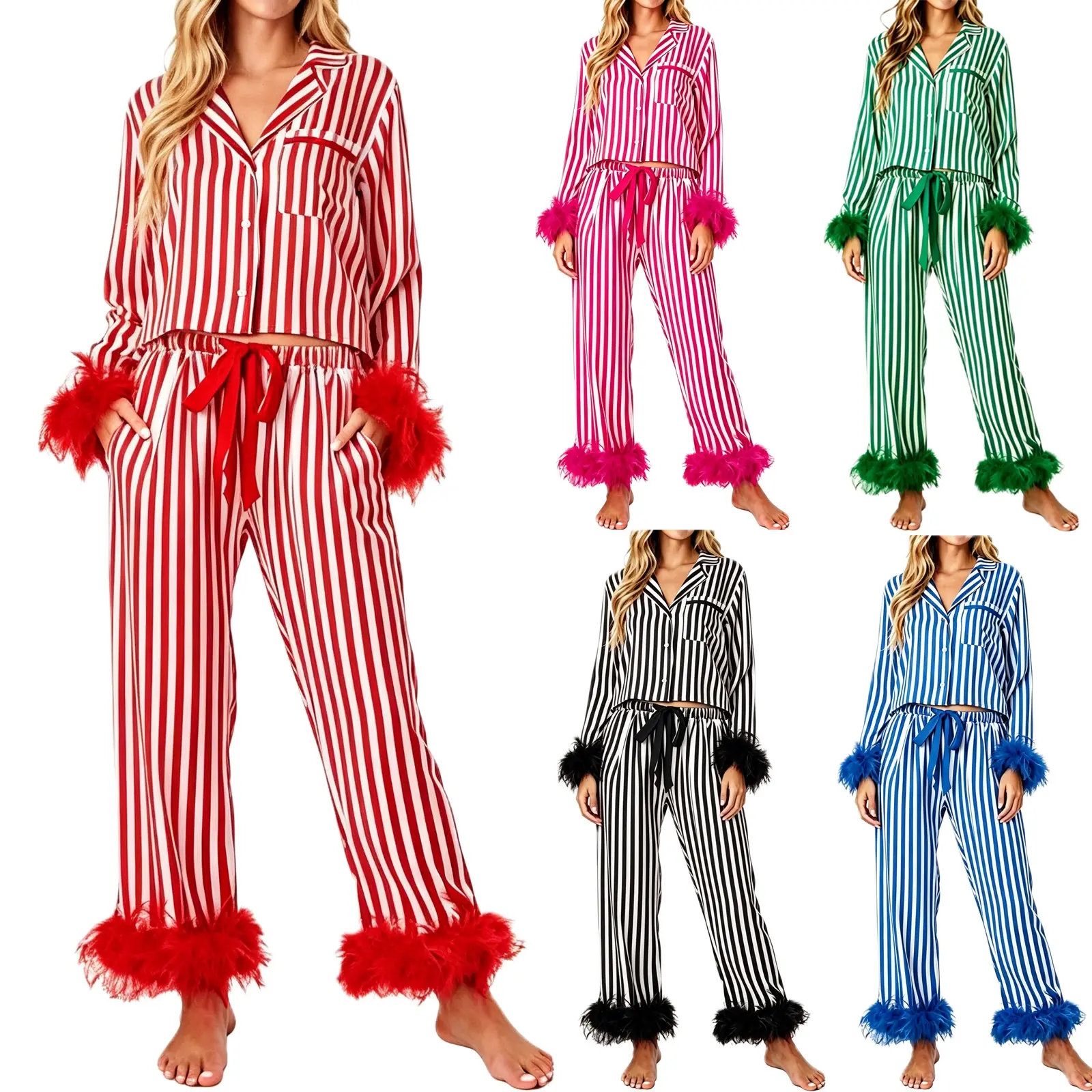 Women's Feather Trim Holiday Pajamas Cute Bow Satin Pjs Silk Long Sleeve Button Pajama Shirt Lounge Pants Sets