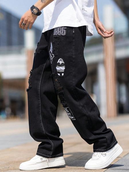 Men's Black Ripped Patched Wide-Leg Denim Jeans, Personalized Patches + Trendy Rips, a Must-Have for Street Trendsetters!