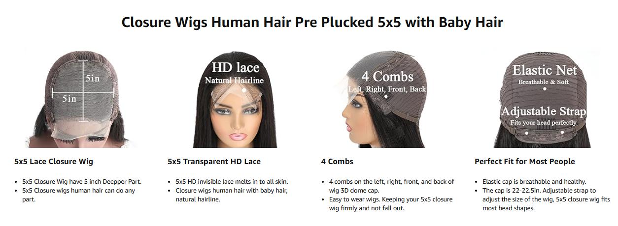 【Clearance sale】Lemoda Outlets Flash Deals 5x5 HD Transparent Lace Closure Wigs Body Wave/Straight Human Hair 5x5 Closure Wigs for Women 180% Density Wigs Pre Plucked Soft and Smooth Natural Black Color