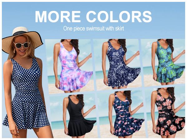 Yonique One Piece Swimsuits for Women Modest Tummy Control Swimdress Vintage Bathing Suits Skirt Swimwear