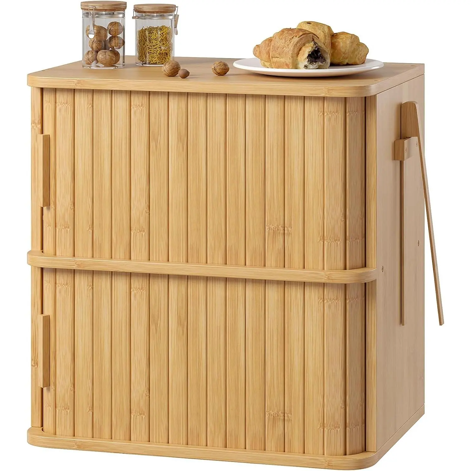 2-Tier Roll Top Bread Box for Kitchen Countertop Storage Cabinet | Double Layer Bamboo Bread Boxes with Sliding Doors, Extra Large Bread Storage Cabinet for Loaves & Pastries, Natural