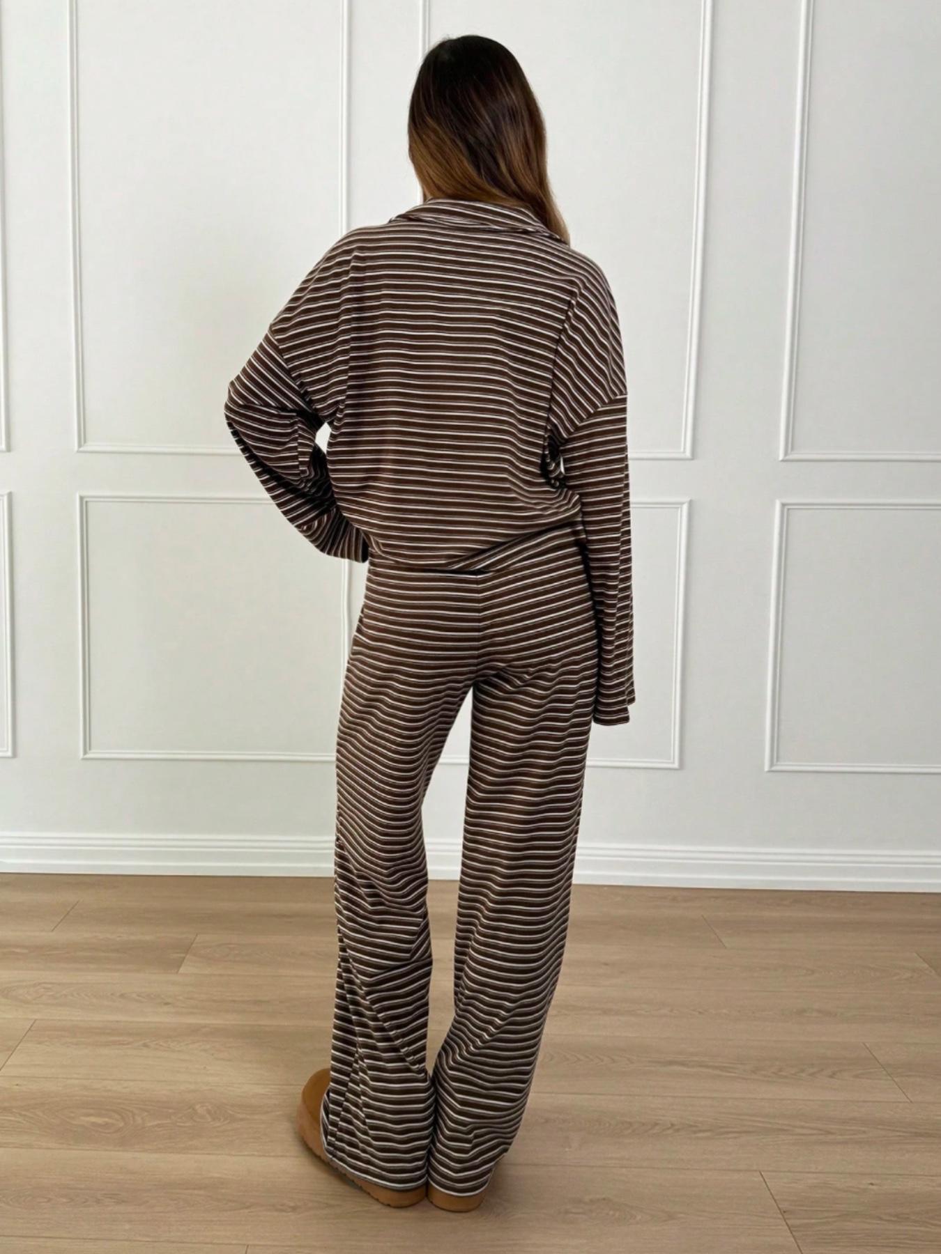 Women's 2pcs Set Loose Striped V-Neck Drop Shoulder Long Sleeve T-Shirt &Elastic Waist Striped Pants, Brown, Casual Sets For Women, Pajamas Set, Sleepwear Loungewear, Casual Sets For Women Brown Two Piece Set Women Women's 2pcs Set Loose Striped V-Neck Drop Shoulder Long Sleeve T-Shirt &Elastic Waist Striped Pants, Brown, Casual Sets For Women, Pajamas Set, Sleepwear Loungewear, Casual Sets For Women Brown Two Piece Set Women