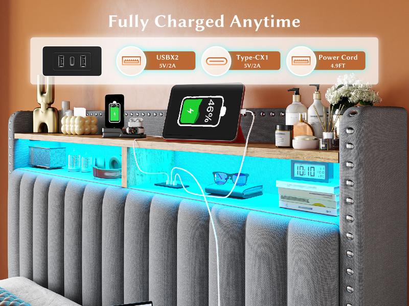 Luxury King/Queen/Full Bed Frame with Storage Shelf & 2 Drawers,NO MATTRESS, Upholstered Bed Frame with LED &Power Outlet, Holds 1000lbs, No Noise, Metal Frame & Wood Slats