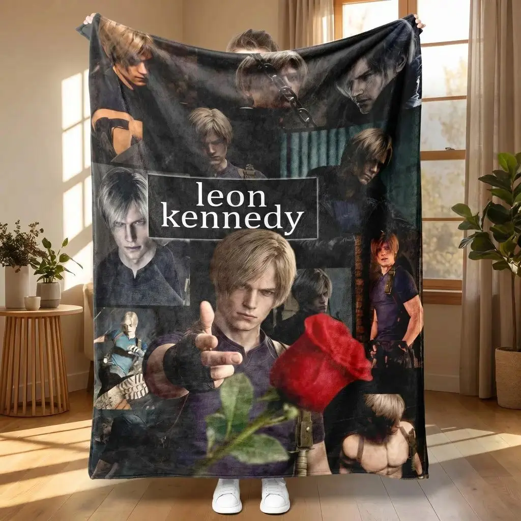 Leon Kennedy Resident Evil 4 Collage Flannel Blanket, RE4 Remake Rose Print Throw for Fans & Home Decor