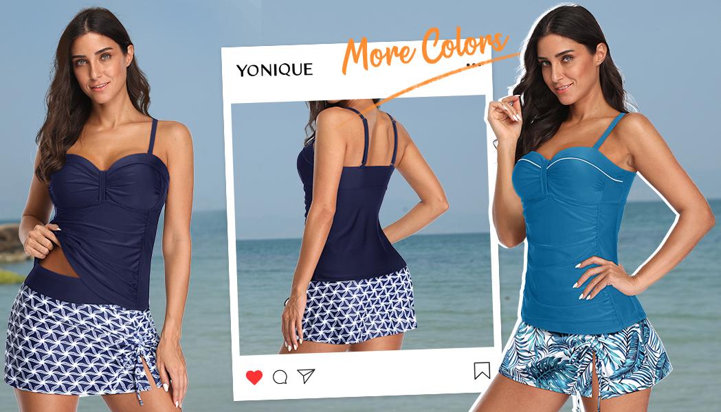 Yonique Womens Underwire Tankini Swimsuits with Skirt Two Piece Bathing Suits Tummy Control Swimwear