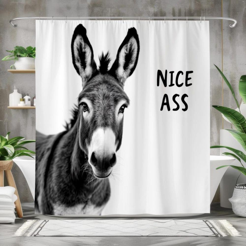 Funny Donkey Shower Curtain, Nice Ass Text Hilarious Farmhouse Fabric Bath Decor with Hooks, Gag Gift for Him or Her