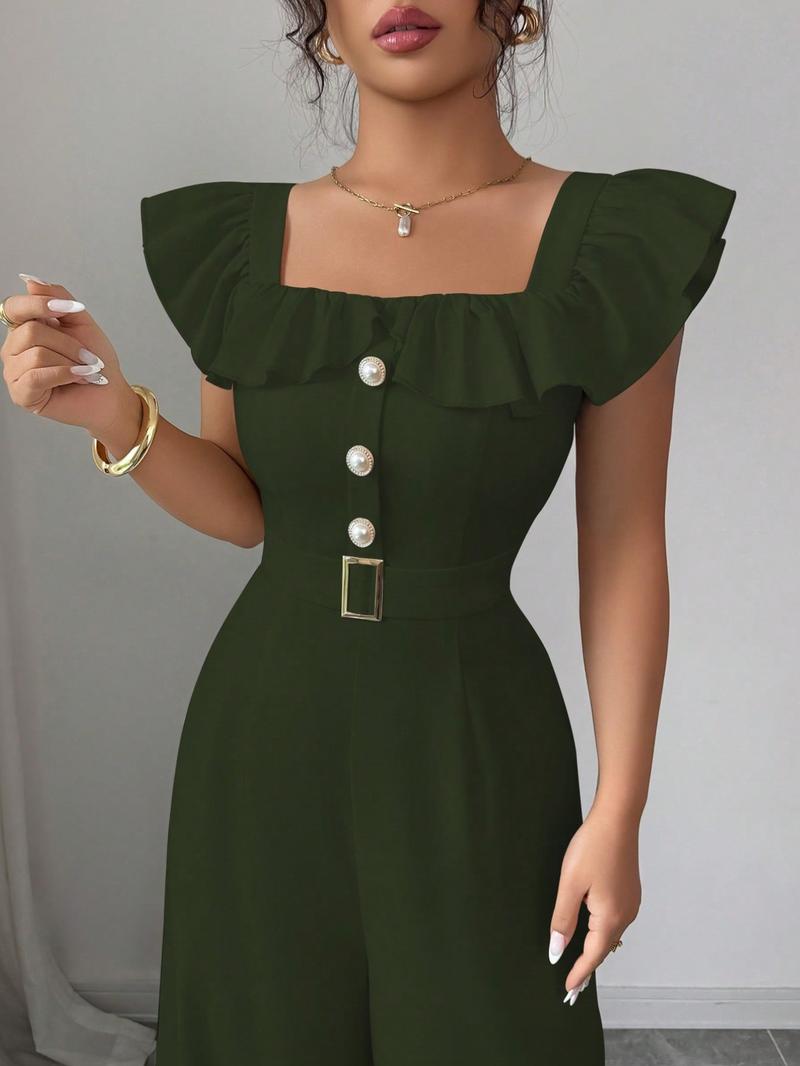 New Women's Square Neck Ruffle Mock Front Belted Button Pants, Casual Fitted Long Pants for Spring & Fall, Elegant Commuter Wear Jumpsuit