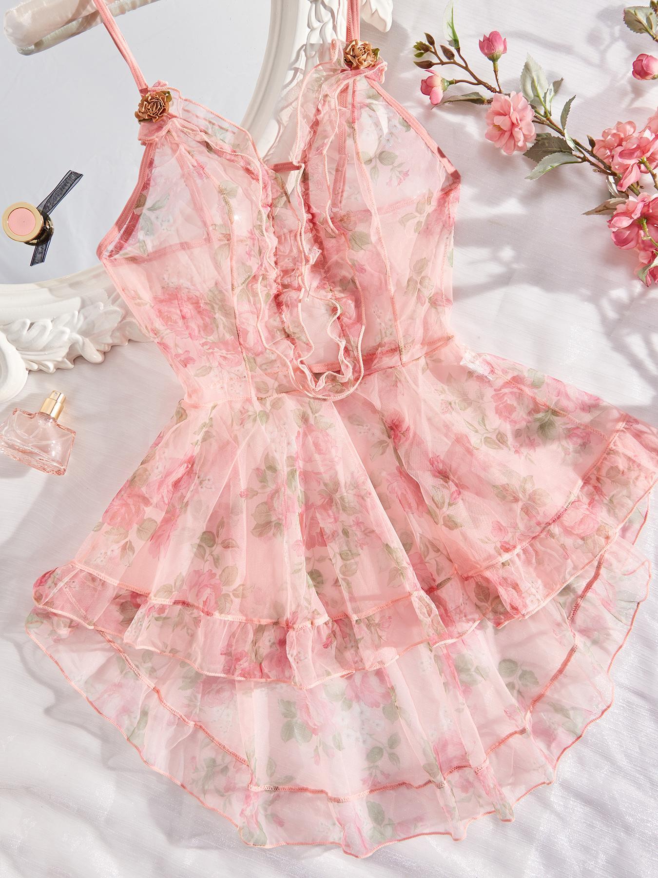 Plus Size Ditsy Floral Print Cut Out Frill Sheer High Low Ruffle Hem Sexy Adjustable Cami Mesh Dress, Romantic Fashion Casual Sexy Outfits for Daily Outdoor Wear, Women's Plus Size Clothes for All Seasons