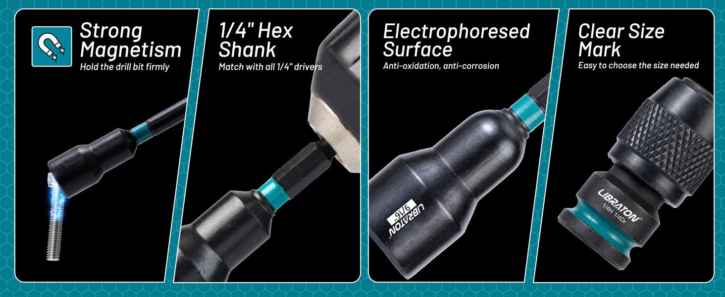 LIBRATON 31PCS Magnetic Nut Driver Set,fathersdaygift,  1/4" Impact Drill Driver Bit Set, Long Nut Drivers 6INCH, Metric & SAE Nut Drivers for Impact Drill, Socket Set, Impact to Hex Converter, PH1, PH2, Storage Box