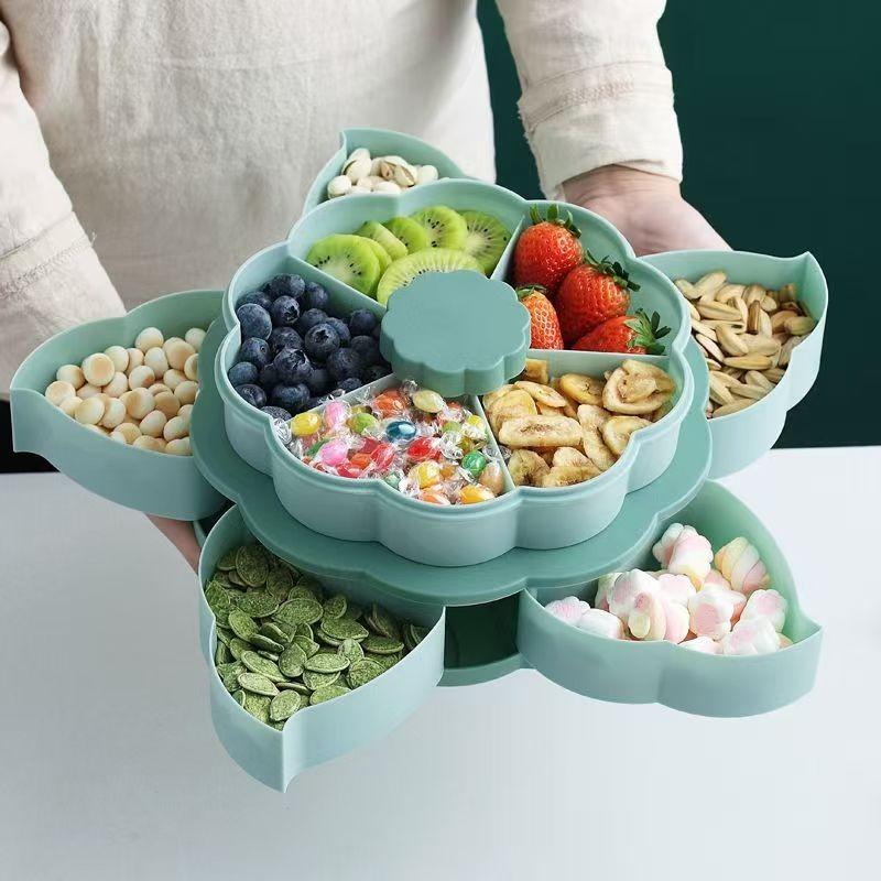Rotating Divided Snack Tray - a Rotating Compartmentalized Food Storage Box with Multiple Sections, Featuring a Lid for Storing Snacks Like Chips, Nuts, Dips, And Vegetables