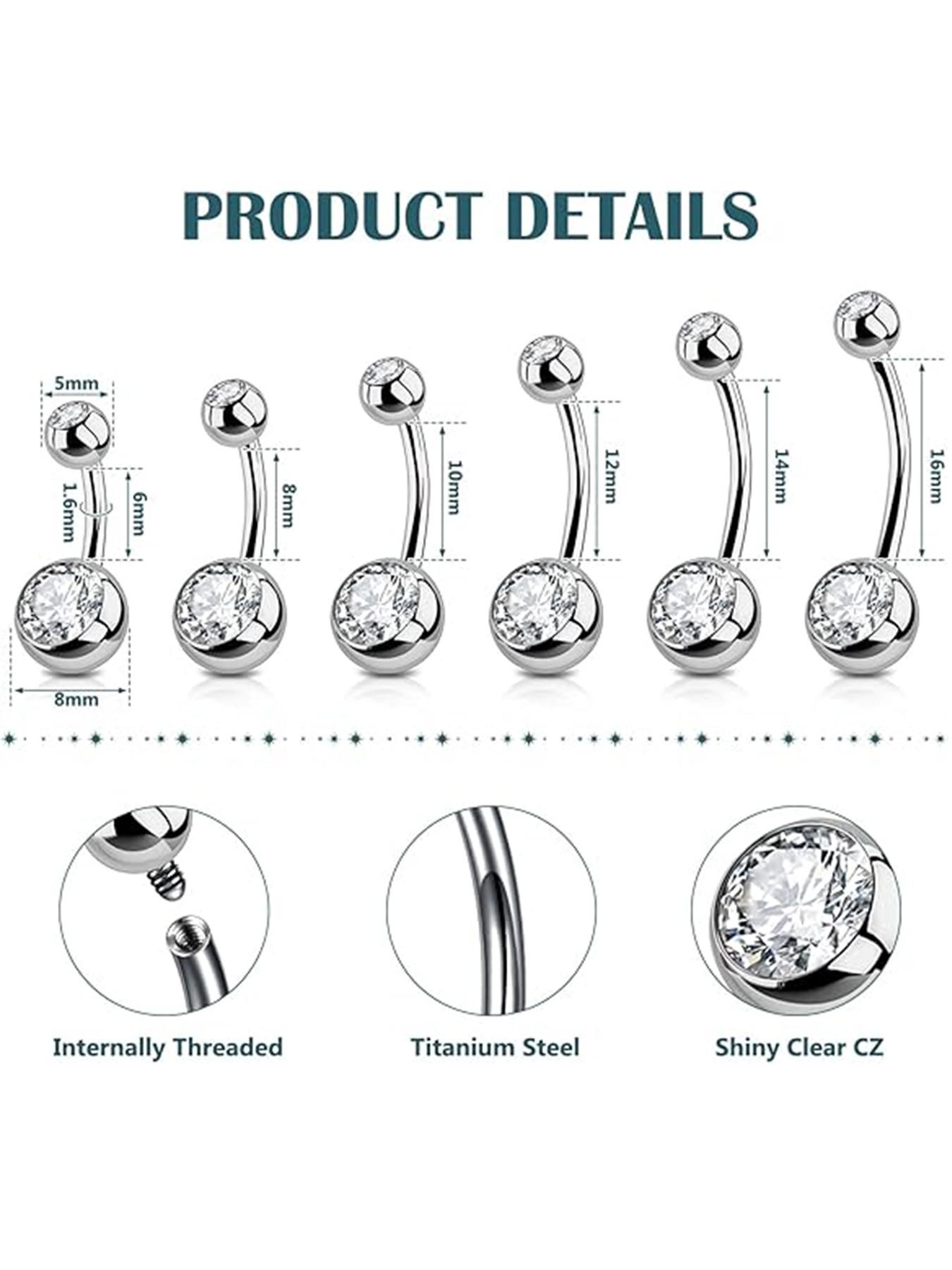 2pcs 14G G23 Titanium Belly Button Ring, Navel Piercing Long Belly Bar Belly Button Piercing 6-16mm Belly Rings for Women suitable for Daily Holiday Beach Vacation Engagement Glamorous Music Festival Carnival Coachella Season Wor