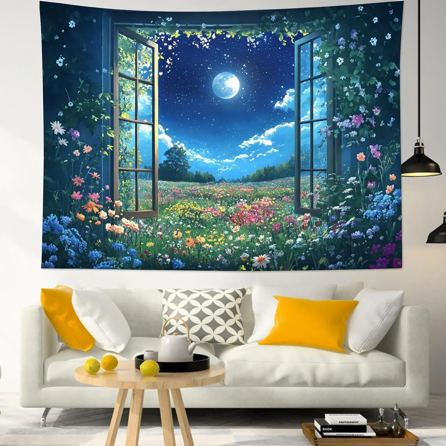 LB Wildflower Moon Tapestry, Window Forest Plant Green Leaf and Garden Colorful Floral Wall Tapestry for Bedroom, Night Sky Wall Art for Living Room Dorm Home Decor Ready to Hanging
